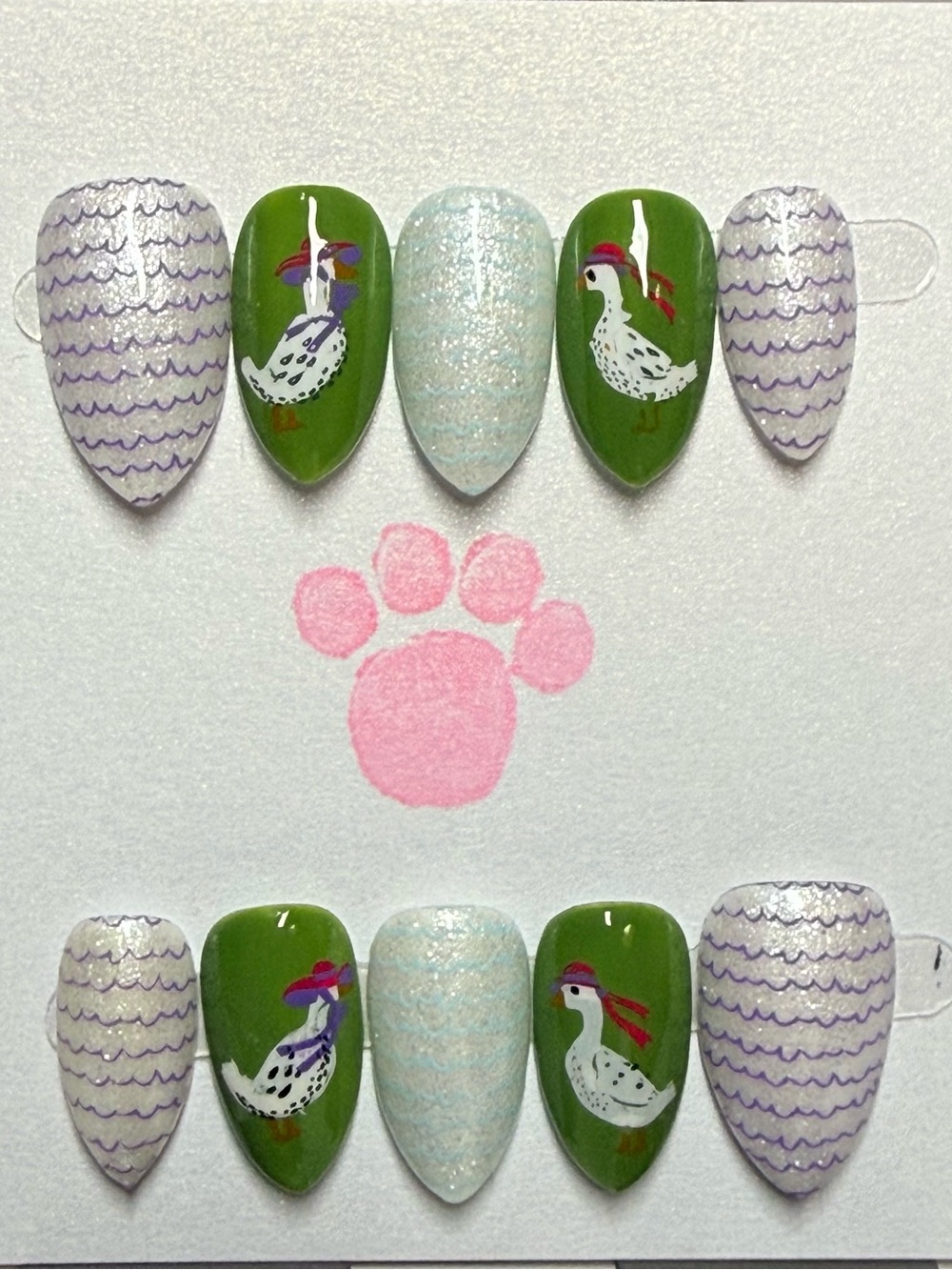 Green & White Duck Pattern Nail Art Set short almond size small